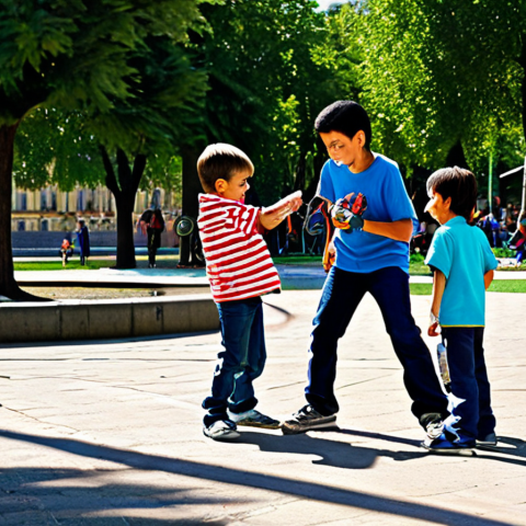 Nostalgic Beyblade Duel**

"Two children in a sunny park in Madrid, Spain, battling with early 2000s-era Beyblades. One child is using a Dragoon, the other a Dranzer. They are surrounded by other kids watching with excitement.  The park has a playground in the background, and families are enjoying a typical afternoon.  Fully clothed, appropriate attire, safe for work, perfect anatomy, natural proportions, family-friendly scene, professional photography, high quality, nostalgic."

**
