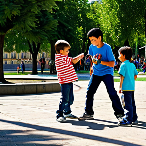 Home 6 Nostalgic Beyblade Duel**
"Two children in a sunny park in Madrid, Spain, battling with early 2000s-era Beyblades. One child is using a Dragoon, the other a Dranzer. They are surrounded by other kids watching with excitement. The park has a playground in the background, and families are enjoying a typical afternoon. Fully clothed, appropriate attire, safe for work, perfect anatomy, natural proportions, family-friendly scene, professional photography, high quality, nostalgic."
**
