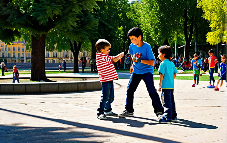 Nostalgic Beyblade Duel**

"Two children in a sunny park in Madrid, Spain, battling with early 2000s-era Beyblades. One child is using a Dragoon, the other a Dranzer. They are surrounded by other kids watching with excitement.  The park has a playground in the background, and families are enjoying a typical afternoon.  Fully clothed, appropriate attire, safe for work, perfect anatomy, natural proportions, family-friendly scene, professional photography, high quality, nostalgic."

**