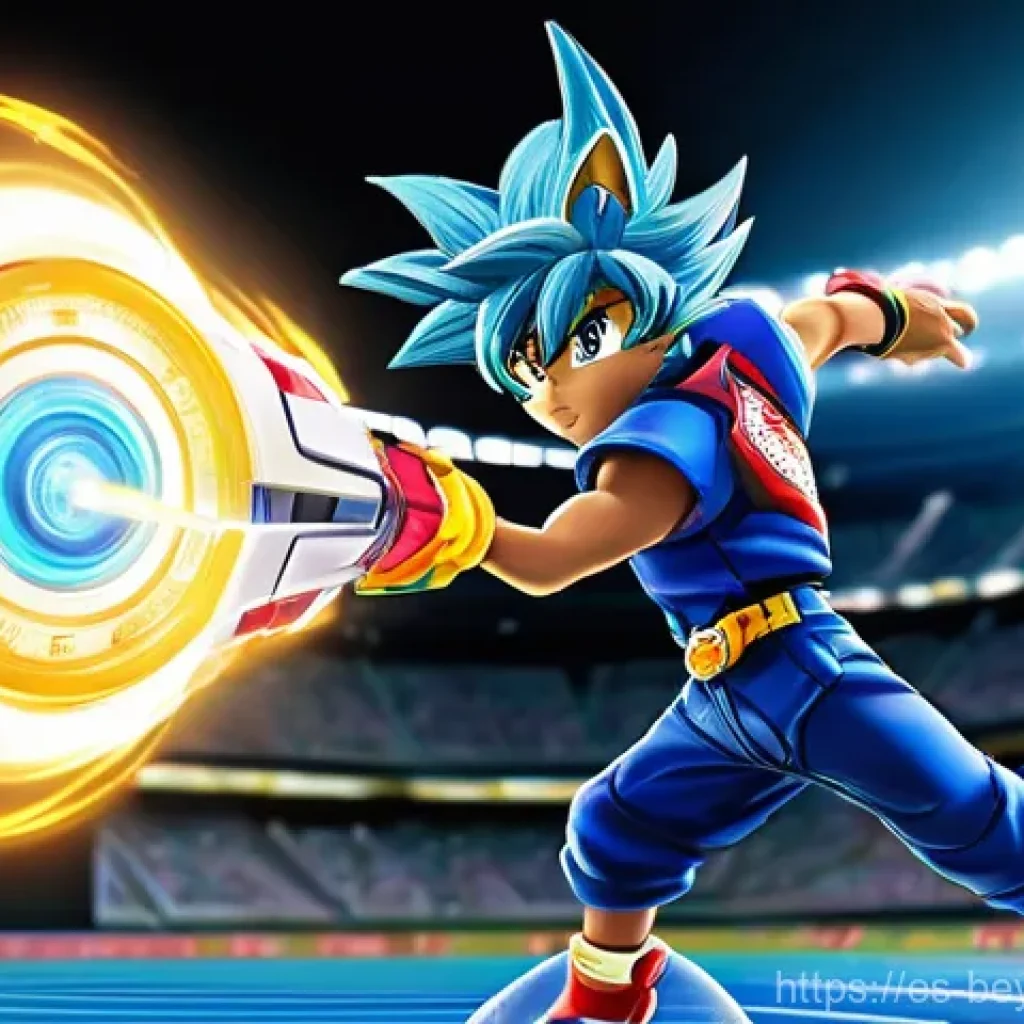 베이블레이드 메탈 퓨전 기술 - "A male Beyblader, approximately 15 years old, demonstrating a precise, angled launch. He wears a vi...