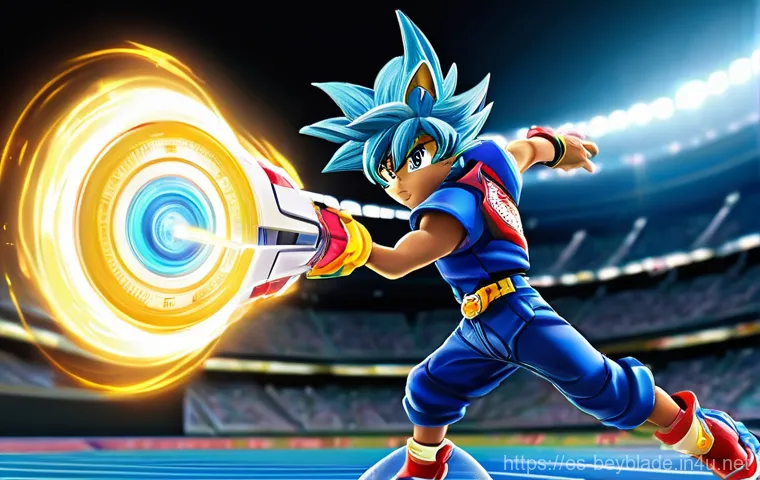 베이블레이드 메탈 퓨전 기술 - "A male Beyblader, approximately 15 years old, demonstrating a precise, angled launch. He wears a vi...