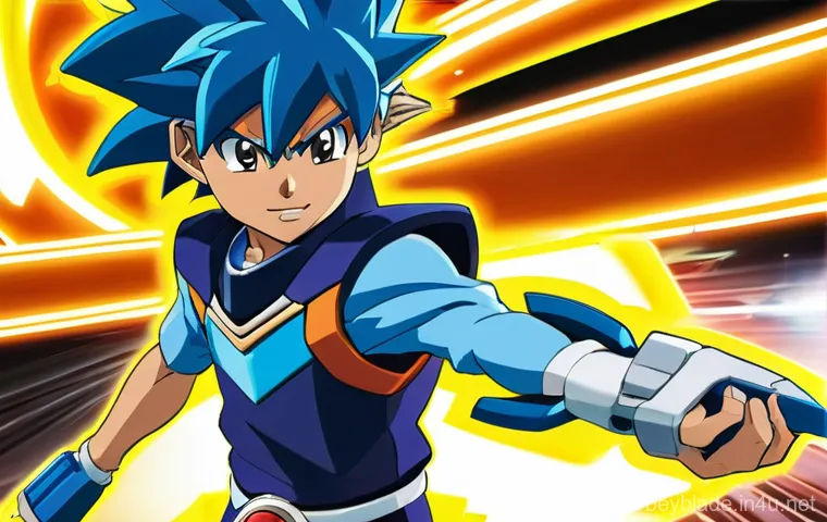 베이블레이드 캐릭터별 시그니처 기술 - **Elite Launch and X-Dash Activation:** A focused young blader, wearing a sleek, futuristic Beyblade...
