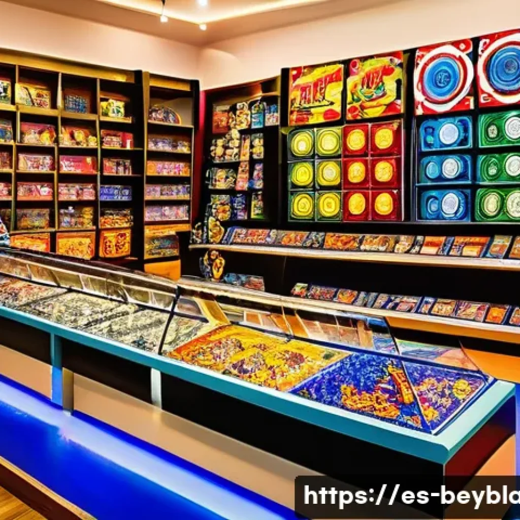 베이블레이드 관련 굿즈 구매처 - A vibrant, detailed scene inside a specialized collectible toy store in Mexico City, showcasing colo...