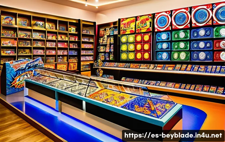 베이블레이드 관련 굿즈 구매처 - A vibrant, detailed scene inside a specialized collectible toy store in Mexico City, showcasing colo...