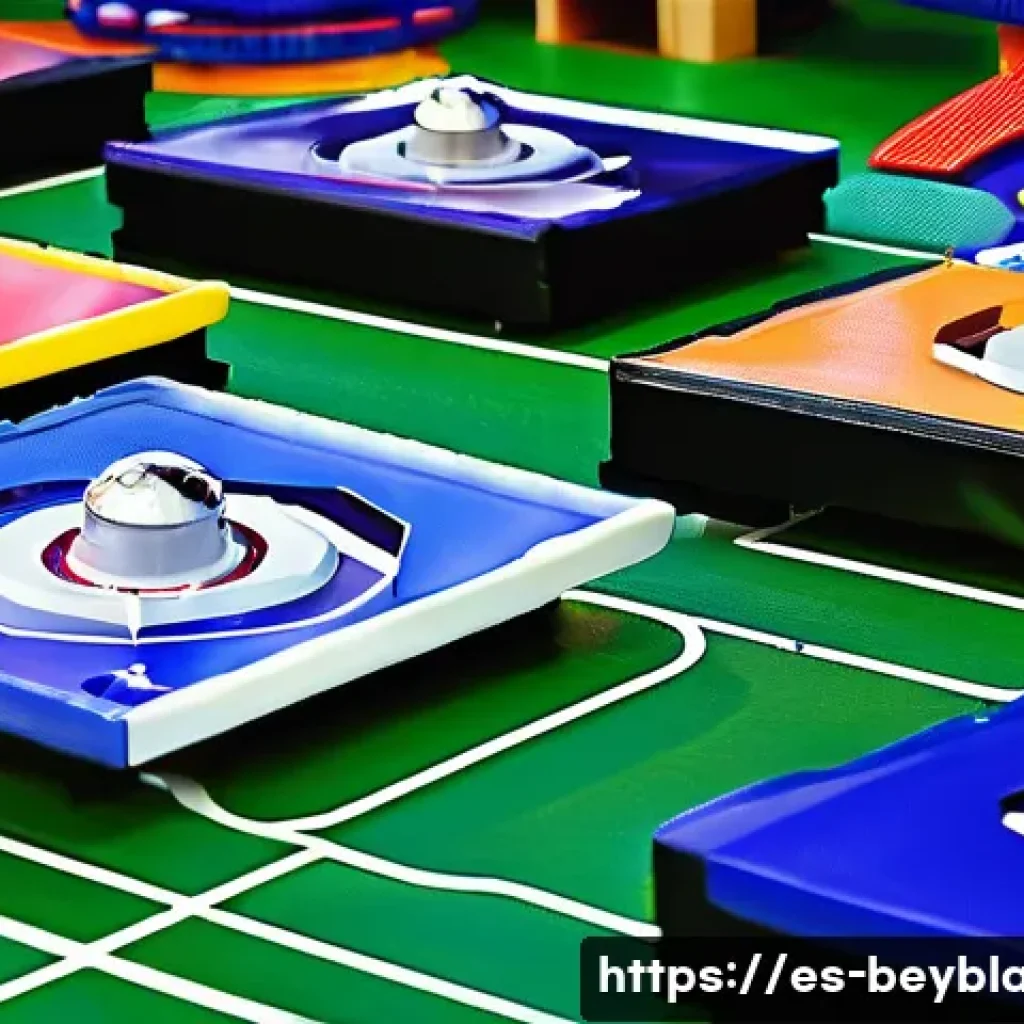 베이블레이드 인기 이유 심층 분석 - A dynamic close-up scene of a Beyblade battle arena in a modern Spanish school gym, featuring two cu...