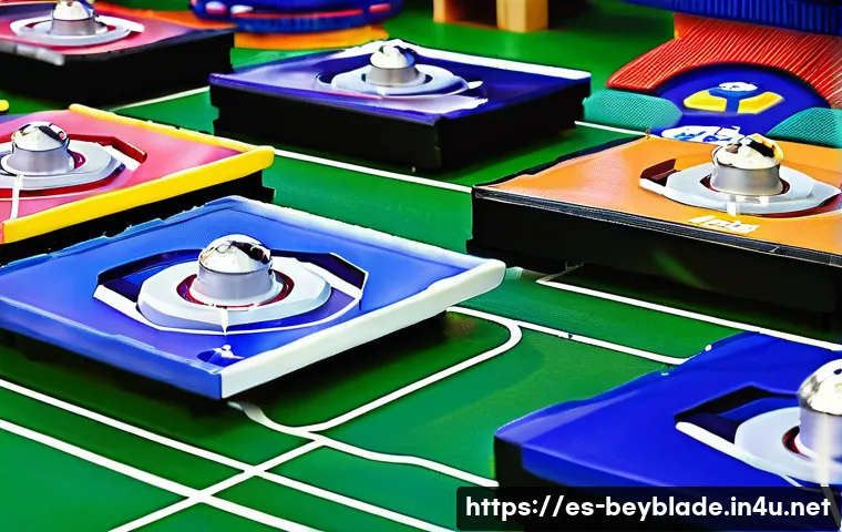 베이블레이드 인기 이유 심층 분석 - A dynamic close-up scene of a Beyblade battle arena in a modern Spanish school gym, featuring two cu...