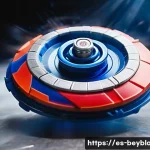 베이블레이드와 물리학적 원리 연결 - A dynamic close-up scene of a Beyblade spinning rapidly on a smooth, polished battle arena surface, ...
