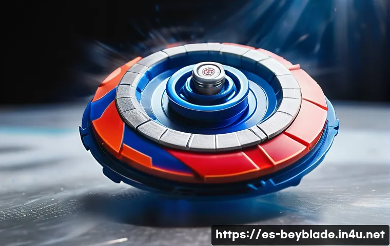 베이블레이드와 물리학적 원리 연결 - A dynamic close-up scene of a Beyblade spinning rapidly on a smooth, polished battle arena surface, ...