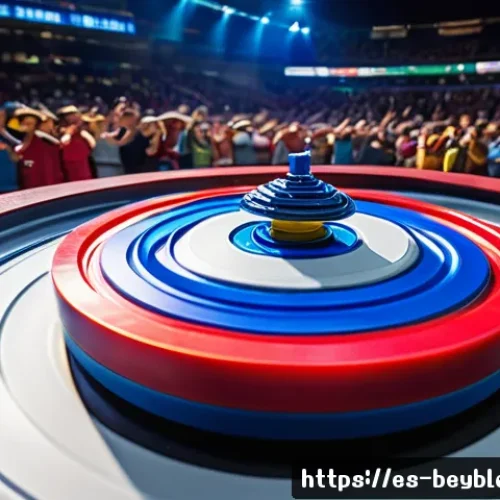 베이블레이드 커스텀 파츠 조합법 - A highly detailed close-up of a competitive Beyblade battle in a modern stadium arena with Spanish c...