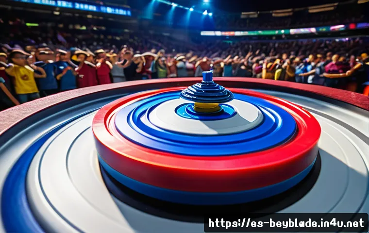 베이블레이드 커스텀 파츠 조합법 - A highly detailed close-up of a competitive Beyblade battle in a modern stadium arena with Spanish c...