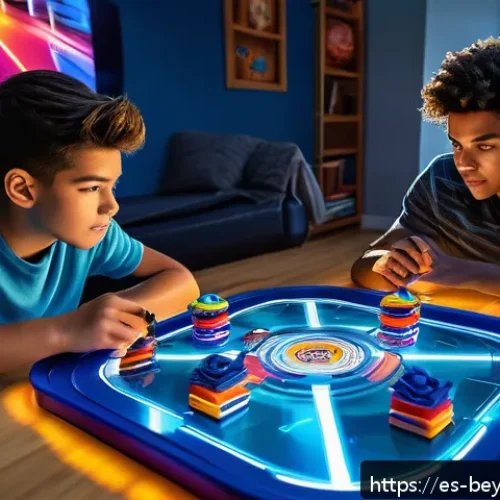 베이블레이드 디지털 기술 적용 사례 - A vibrant digital battlefield scene showing two Beyblade tops battling fiercely on a sleek, futurist...