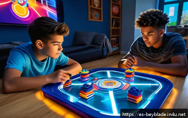 베이블레이드 디지털 기술 적용 사례 - A vibrant digital battlefield scene showing two Beyblade tops battling fiercely on a sleek, futurist...