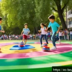 베이블레이드 제품 출시 순서 - A vibrant and dynamic scene showcasing a classic 2000s Beyblade battle in a sunny urban park in Spai...