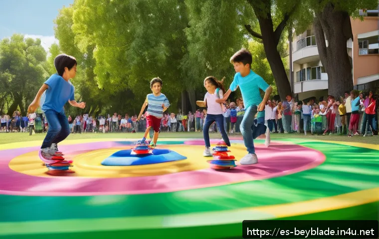 베이블레이드 제품 출시 순서 - A vibrant and dynamic scene showcasing a classic 2000s Beyblade battle in a sunny urban park in Spai...