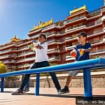 베이블레이드 스토리의 교훈적 메시지 - A dynamic scene of two young players in a lively park setting in Spain, both wearing casual sporty c...
