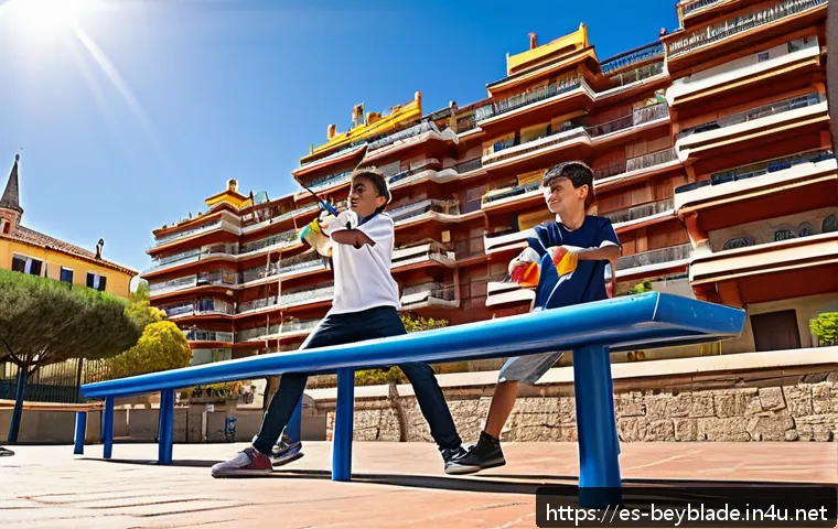 베이블레이드 스토리의 교훈적 메시지 - A dynamic scene of two young players in a lively park setting in Spain, both wearing casual sporty c...