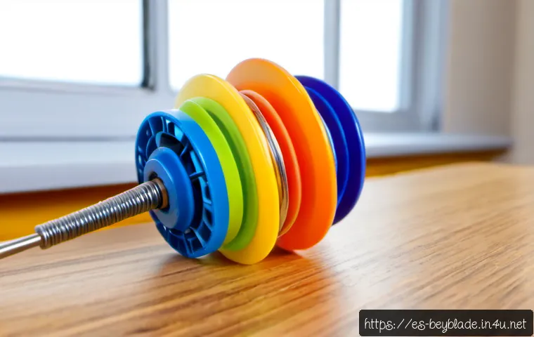 Home 17 베이블레이드 스프링 클러치 기술 설명 - Photorealistic close-up of a colorful spinning-top toy opened to reveal a spring-loaded clutch mecha...